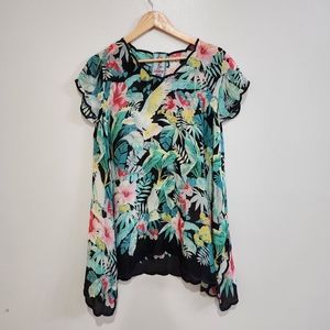 Johnny Was "Plaid Dream"  tropical print georgette with scalloped trim top, XS